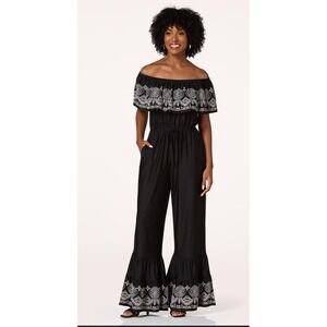 Black Off The Shoulder Embroidered Ruffle Jumpsuit Wide Leg XL Cato